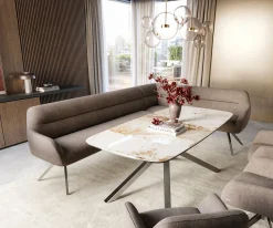 EsszimmerbankTaya-Flex 285x190 cm Strukturstoff Soft Taupe Kreuzgestell kantig Edelstahl Taschenfederkern Rechts Sofort versandfertig