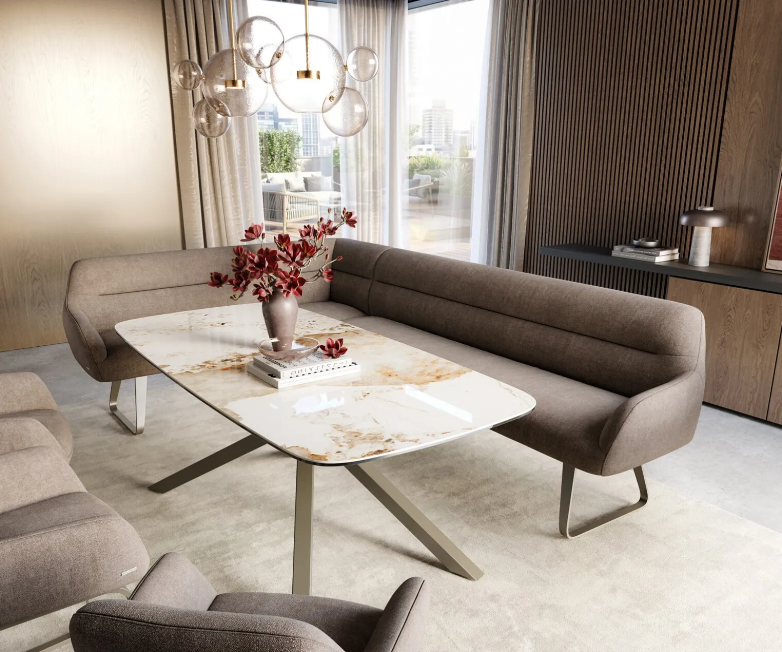 EsszimmerbankTaya-Flex 285x190 cm Strukturstoff Soft Taupe Kufengestell flach Effektfinish Titan Taschenfederkern Links Sofort versandfertig