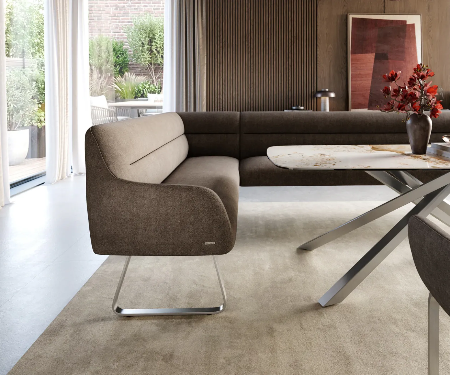 EsszimmerbankTaya-Flex 285x190 cm Strukturstoff Soft Taupe Kufengestell flach Edelstahl Taschenfederkern Links Sofort versandfertig