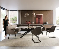 EsszimmerbankTaya-Flex 285x190 cm Strukturstoff Soft Taupe Kufengestell flach Schwarz Taschenfederkern Links Sofort versandfertig