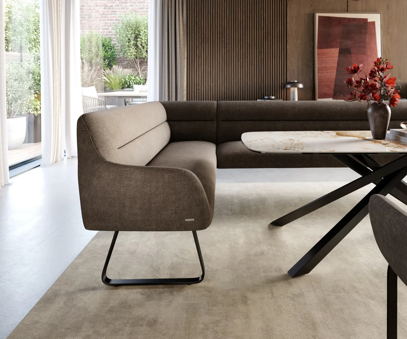 EsszimmerbankTaya-Flex 285x190 cm Strukturstoff Soft Taupe Kufengestell flach Schwarz Taschenfederkern Links Sofort versandfertig