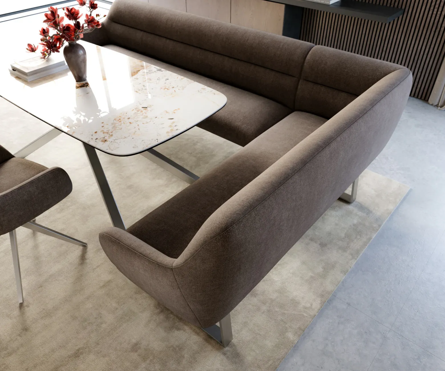 EsszimmerbankTaya-Flex 285x190 cm Strukturstoff Soft Taupe Kufengestell kantig Edelstahl Taschenfederkern Rechts Versandfertig ca. 12.02.27