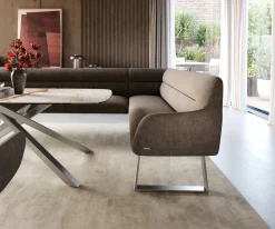 EsszimmerbankTaya-Flex 285x190 cm Strukturstoff Soft Taupe Kufengestell kantig Edelstahl Taschenfederkern Rechts Versandfertig ca. 12.02.27
