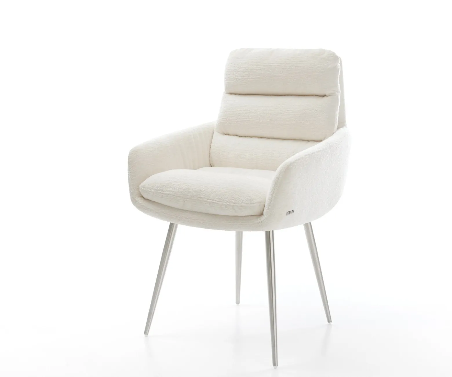 EsszimmerstuhlAbelia-Flex mit Armlehnen Bouclé Soft Beige 4-Fuß konisch Edelstahl Sofort versandfertig
