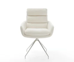 EsszimmerstuhlAbelia-Flex mit Armlehnen Bouclé Soft Beige Kreuzgestell konisch Edelstahl Sofort versandfertig