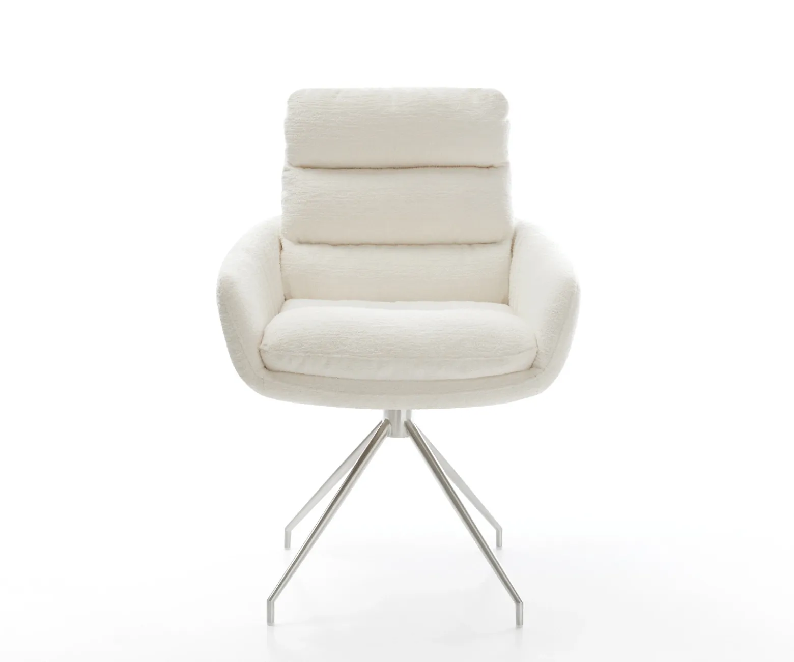 EsszimmerstuhlAbelia-Flex mit Armlehnen Bouclé Soft Beige Kreuzgestell konisch Edelstahl Sofort versandfertig