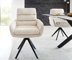 EsszimmerstuhlAbelia-Flex mit Armlehnen Cord Beige Kreuzgestell kantig Schwarz Sofort versandfertig