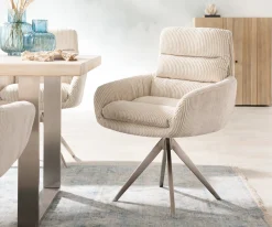 EsszimmerstuhlAbelia-Flex mit Armlehnen Cord Beige Kreuzgestell kantig Edelstahl Sofort versandfertig
