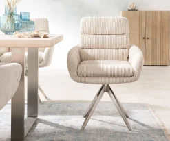 EsszimmerstuhlAbelia-Flex mit Armlehnen Cord Beige Kreuzgestell kantig Edelstahl Sofort versandfertig