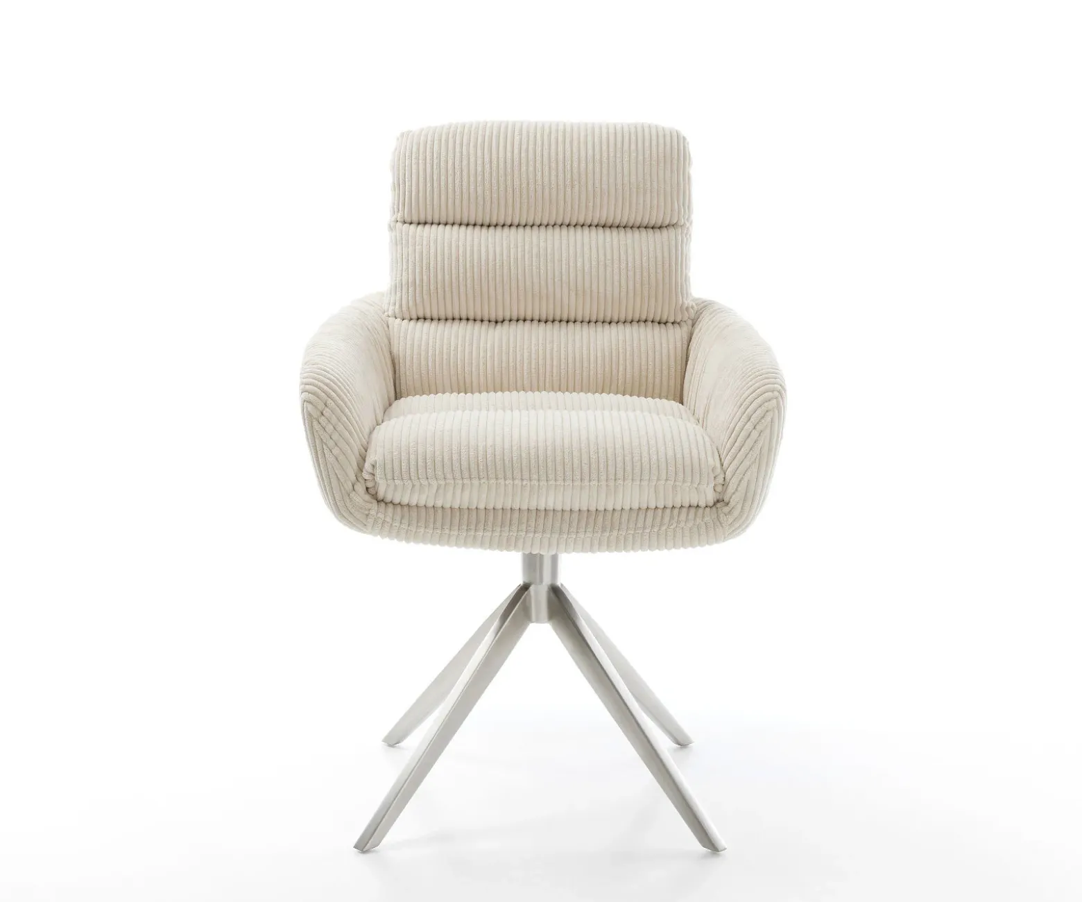 EsszimmerstuhlAbelia-Flex mit Armlehnen Cord Beige Kreuzgestell breit Edelstahl Sofort versandfertig