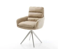 EsszimmerstuhlAbelia-Flex mit Armlehnen Mikrofaser Beige Vintage Kreuzgestell kantig Edelstahl Sofort versandfertig