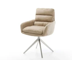 EsszimmerstuhlAbelia-Flex mit Armlehnen Mikrofaser Beige Vintage Kreuzgestell breit Edelstahl Sofort versandfertig