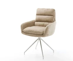 EsszimmerstuhlAbelia-Flex mit Armlehnen Mikrofaser Beige Vintage Kreuzgestell konisch Edelstahl Sofort versandfertig