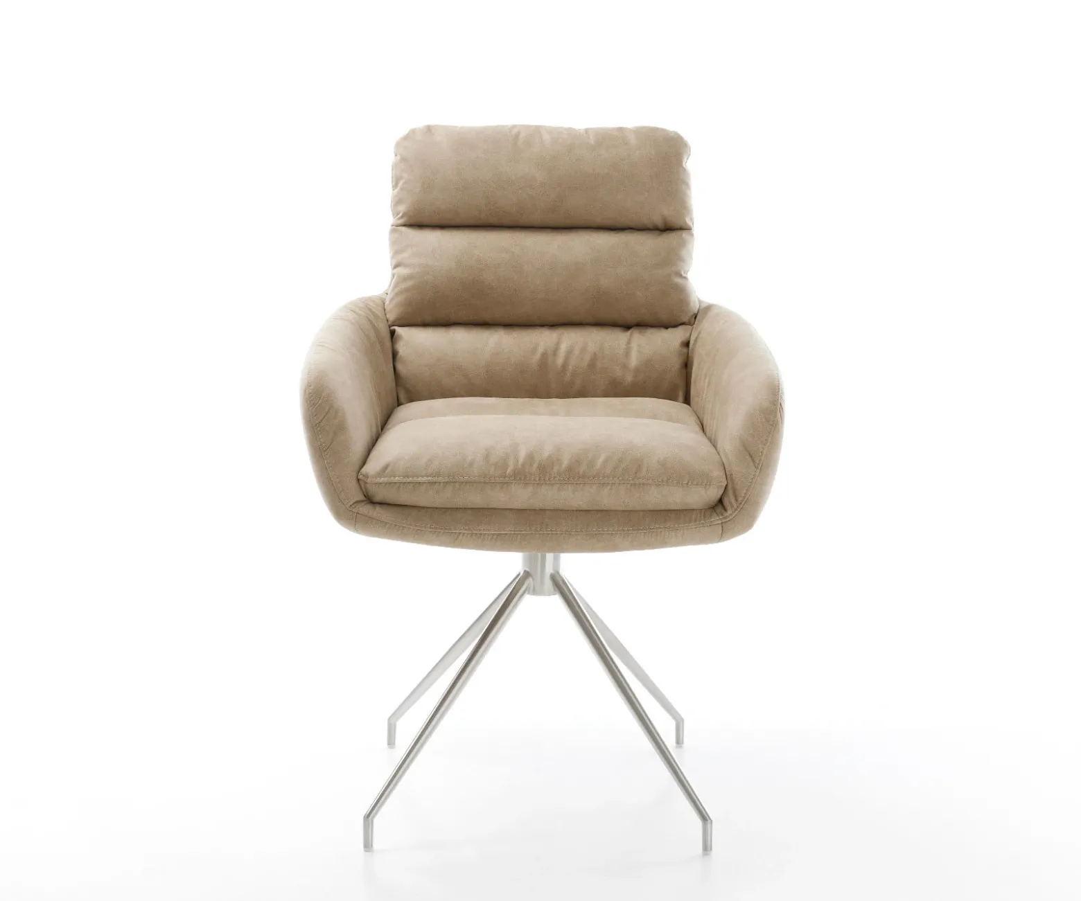 EsszimmerstuhlAbelia-Flex mit Armlehnen Mikrofaser Beige Vintage Kreuzgestell konisch Edelstahl Sofort versandfertig