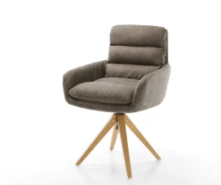 EsszimmerstuhlAbelia-Flex mit Armlehnen Mikrofaser Taupe Vintage Holzgestell kantig Natur 360° drehbar Versandfertig ca. 28.10.26