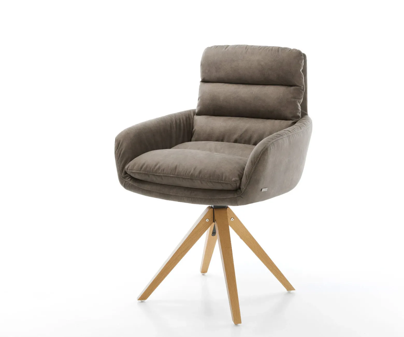 EsszimmerstuhlAbelia-Flex mit Armlehnen Mikrofaser Taupe Vintage Holzgestell kantig Natur 360° drehbar Versandfertig ca. 28.10.26