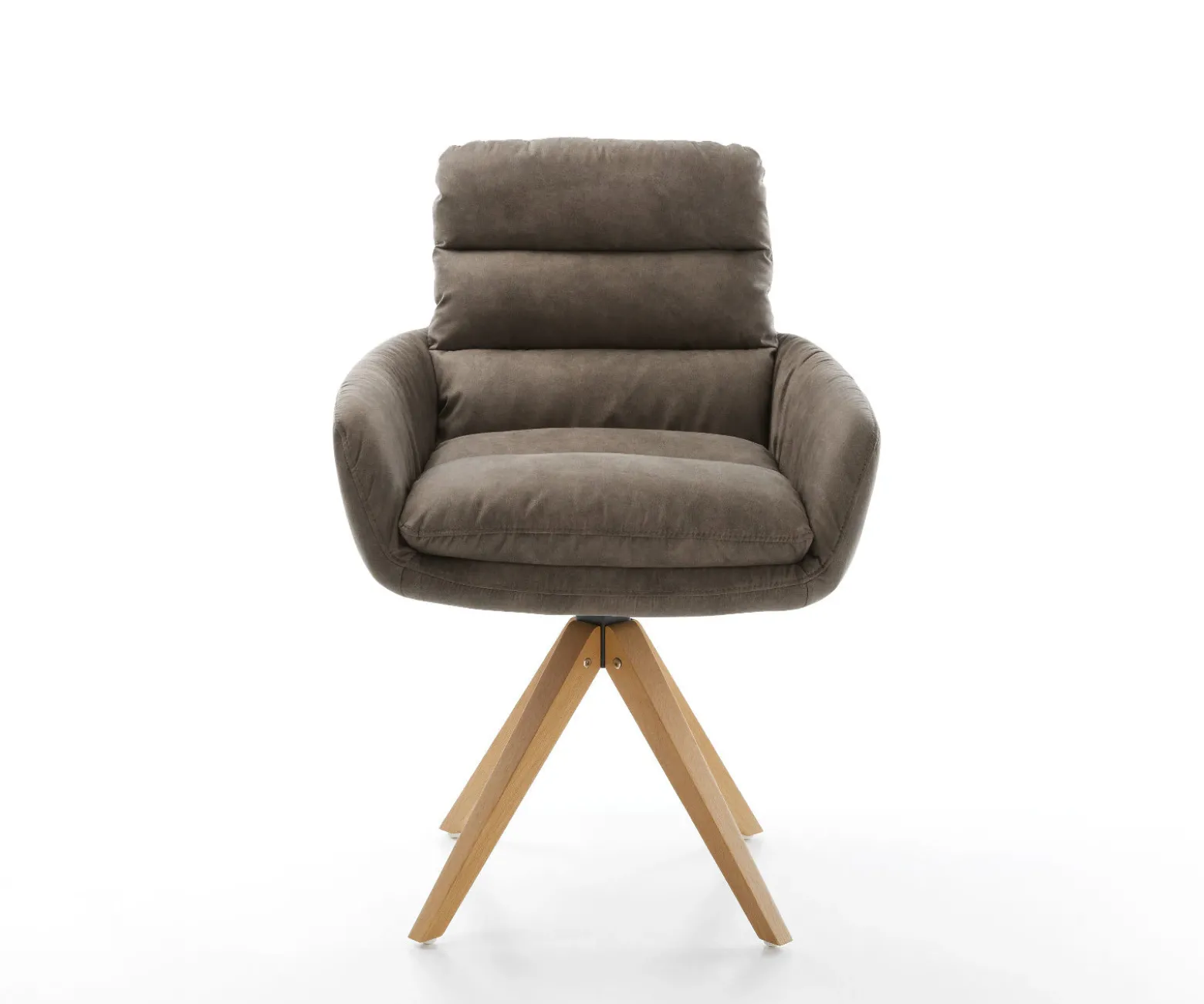 EsszimmerstuhlAbelia-Flex mit Armlehnen Mikrofaser Taupe Vintage Holzgestell kantig Natur 360° drehbar Versandfertig ca. 28.10.26