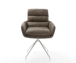 EsszimmerstuhlAbelia-Flex mit Armlehnen Mikrofaser Taupe Vintage Kreuzgestell konisch Edelstahl Sofort versandfertig