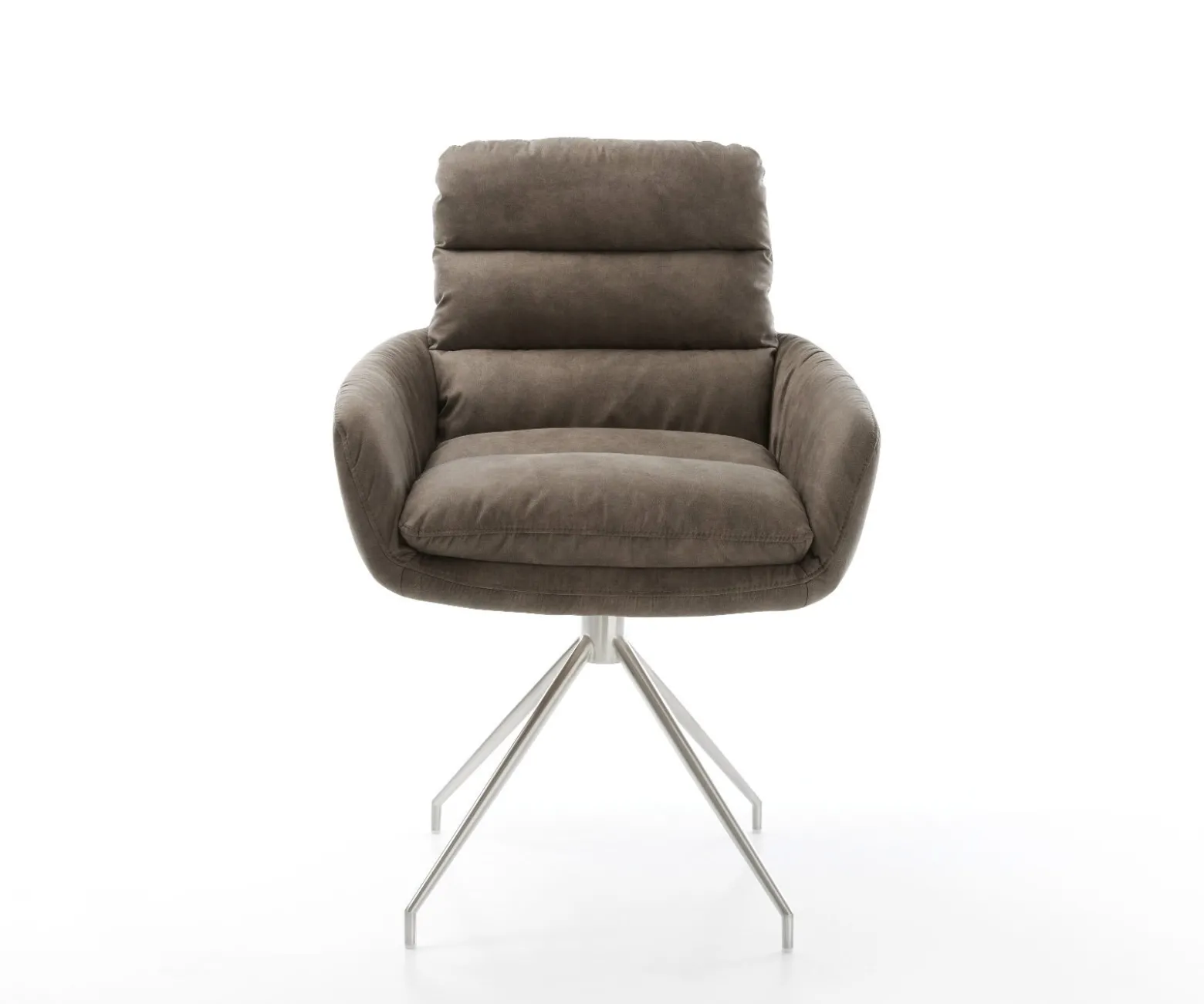 EsszimmerstuhlAbelia-Flex mit Armlehnen Mikrofaser Taupe Vintage Kreuzgestell konisch Edelstahl Sofort versandfertig