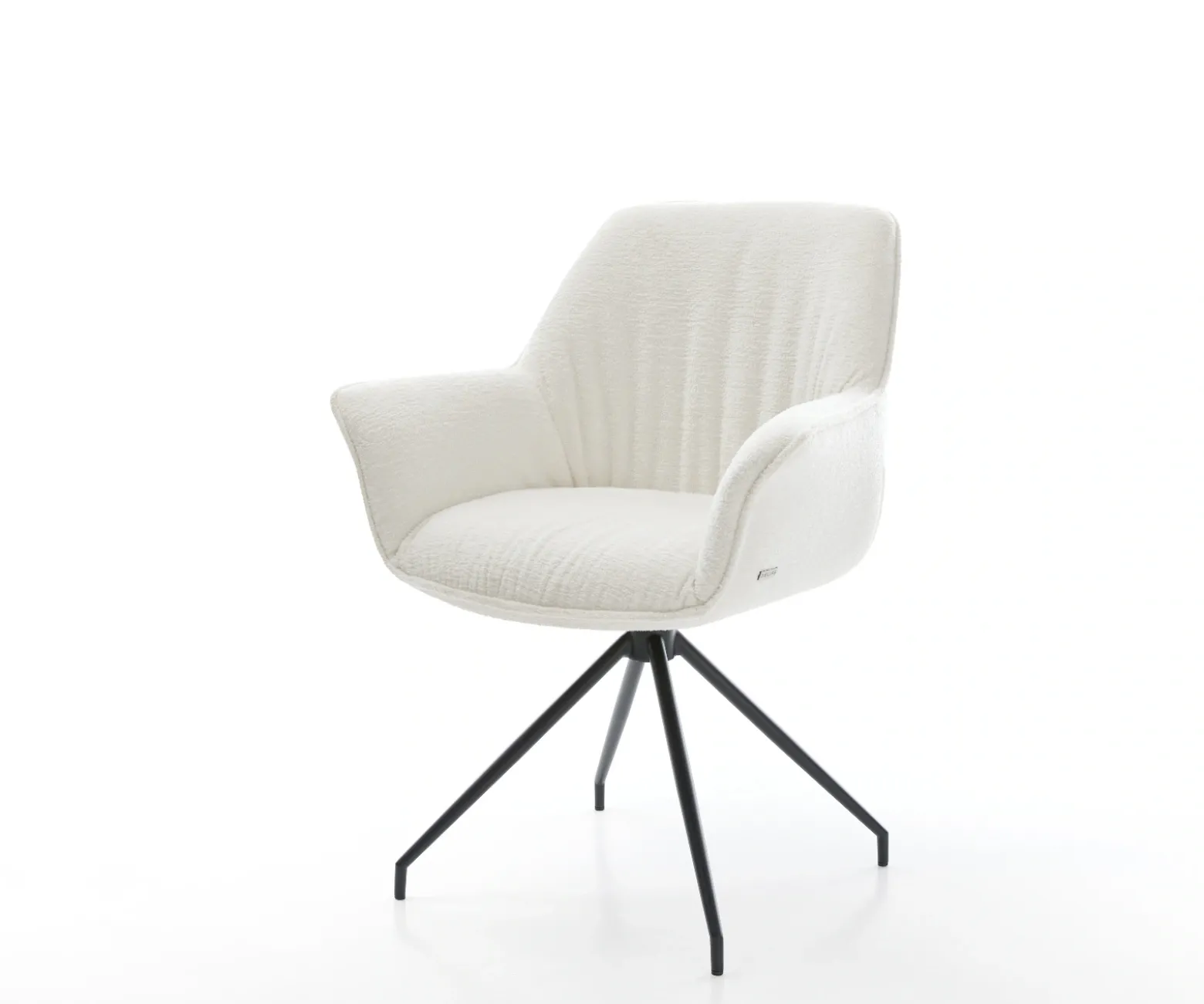 EsszimmerstuhlKeila-Flex mit Armlehnen Bouclé Soft Beige Kreuzgestell konisch Schwarz Sofort versandfertig