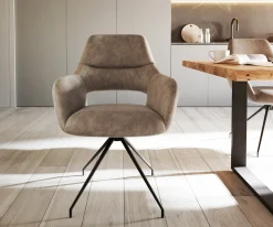 EsszimmerstuhlYago-Flex mit Armlehnen Mikrofaser Taupe Vintage Kreuzgestell konisch Schwarz Taschenfederkern Sofort versandfertig