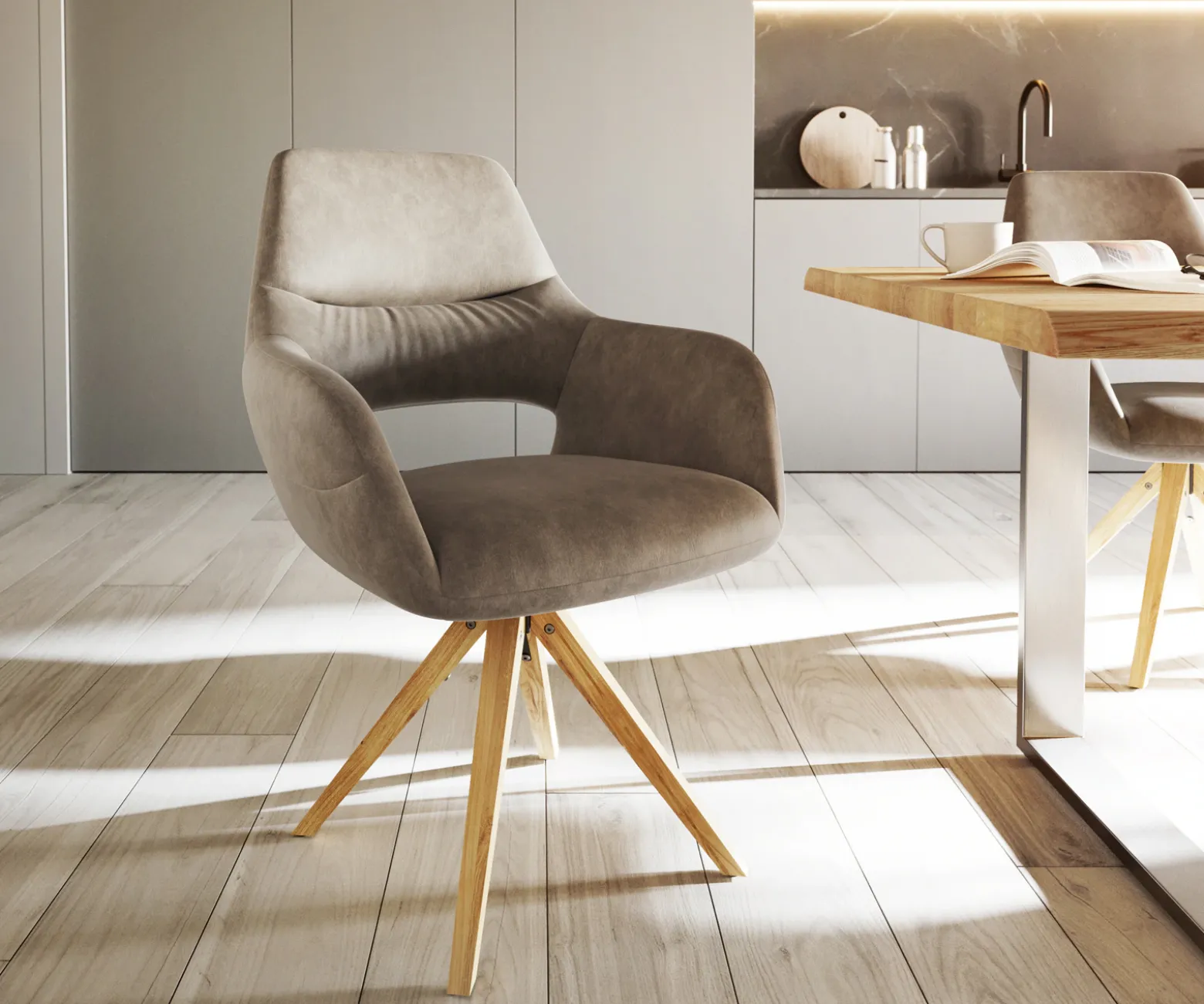 EsszimmerstuhlYago-Flex mit Armlehnen Mikrofaser Taupe Vintage Holzgestell kantig Natur 360° drehbar Taschenfederkern Versandfertig ca. 28.10.26