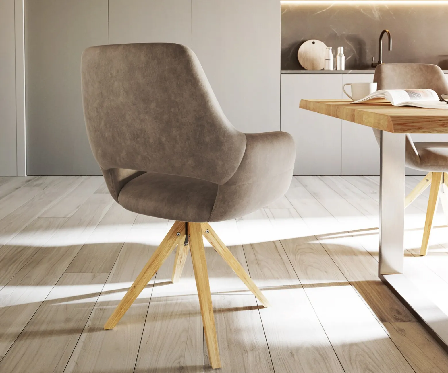 EsszimmerstuhlYago-Flex mit Armlehnen Mikrofaser Taupe Vintage Holzgestell kantig Natur 360° drehbar Taschenfederkern Versandfertig ca. 28.10.26