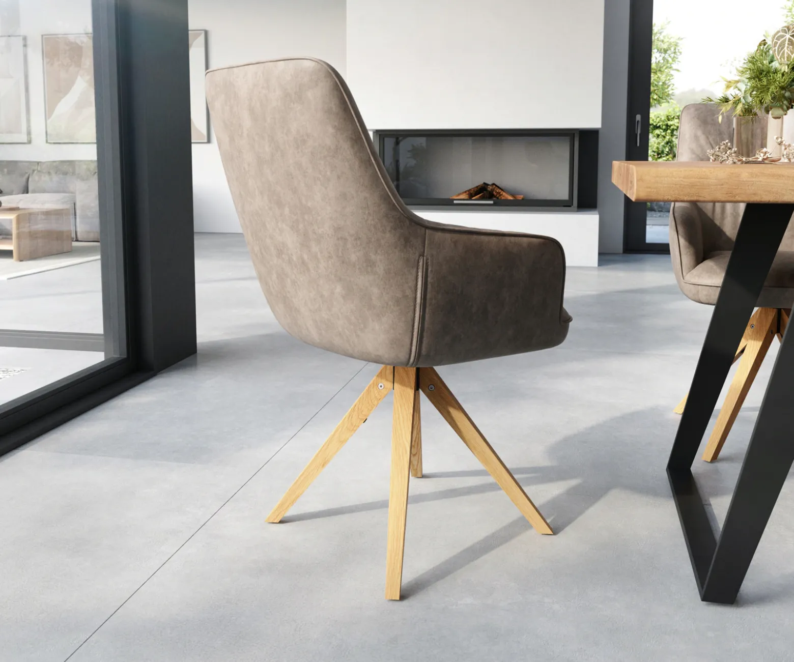 EsszimmerstuhlZelia-Flex mit Armlehnen Mikrofaser Taupe Vintage Holzgestell kantig Natur 360° drehbar Taschenfederkern Versandfertig ca. 28.10.26
