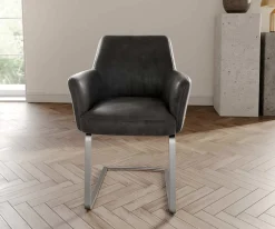 FreischwingerXana-Flex mit Armlehnen Mikrofaser Anthrazit Vintage Freischwinger flach Edelstahl Taschenfederkern Sofort versandfertig