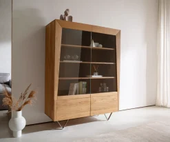 HighboardKayu 115x150 cm Akazie Natur 2 Glastüren V-Fuß Versandfertig ca. 09.10.26