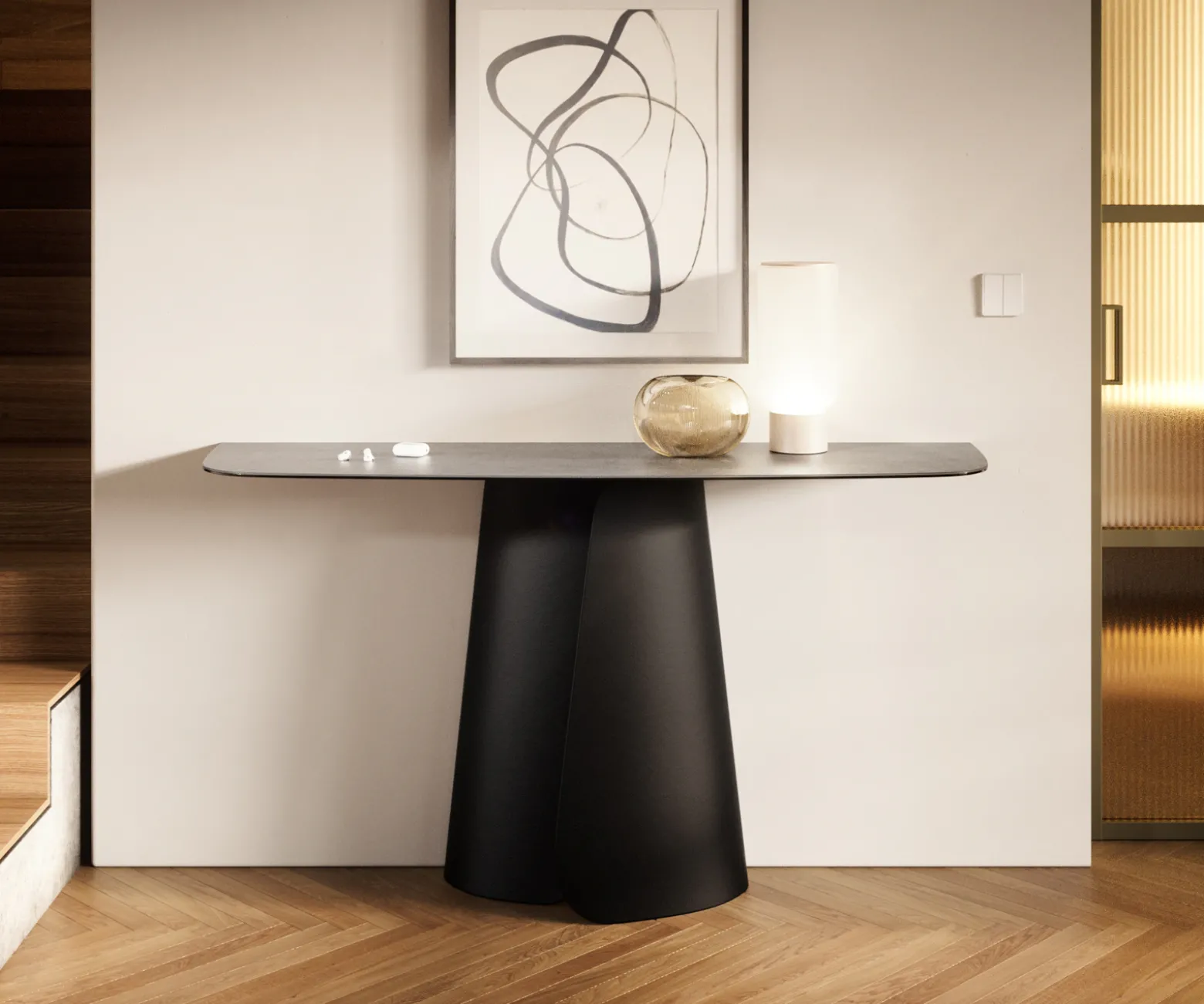 KonsolentischEdge Boot 140x40 cm Keramik Beton Grau Livos Metall Schwarz Sofort versandfertig