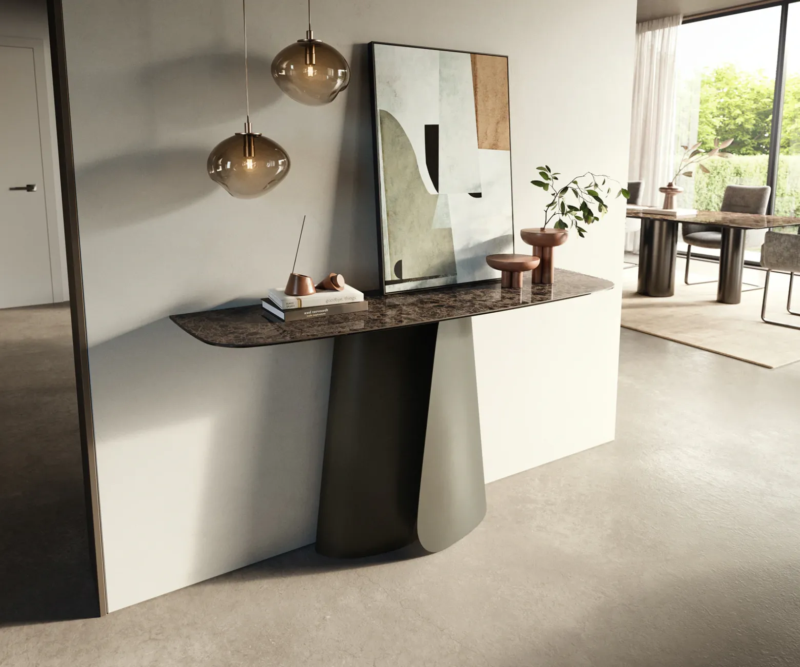KonsolentischEdge Boot 140x40 cm Keramik Emperador Extra Lucidato Dunkelbraun Livos Metall Effektfinish Titan Sofort versandfertig