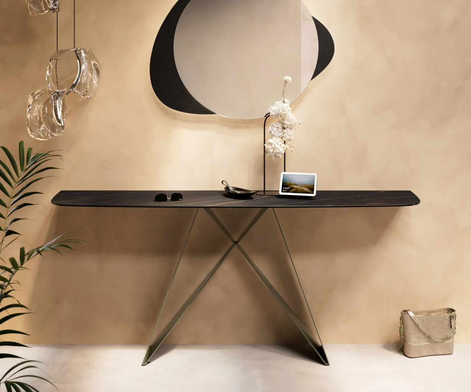 KonsolentischEdge Boot 180x40 cm Keramik Laminam® Noir Desir Braun Velio Metall Effektfinish Titan Sofort versandfertig
