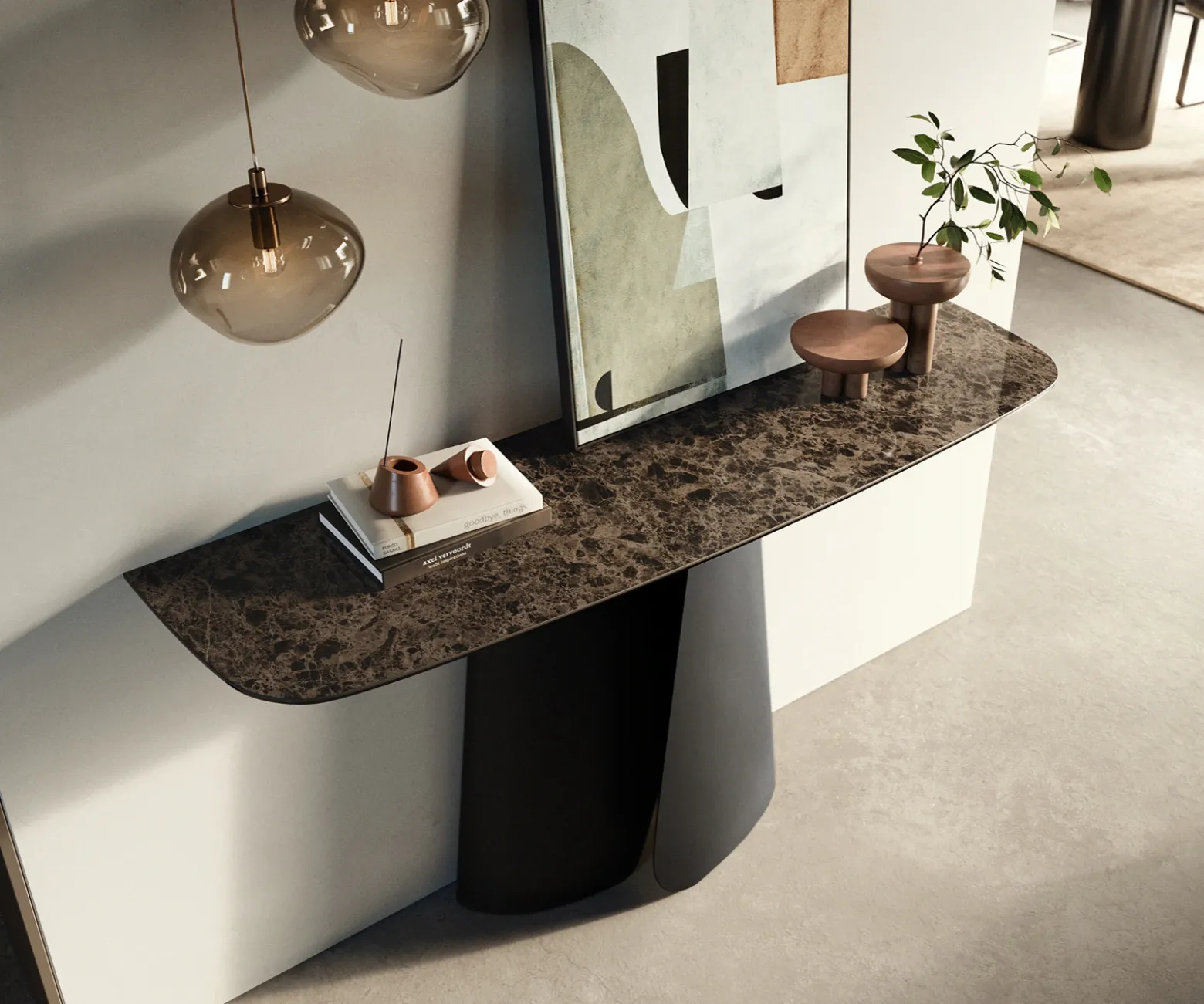 KonsolentischEdge Boot 140x40 cm Keramik Emperador Extra Lucidato Dunkelbraun Livos Metall Schwarz Sofort versandfertig