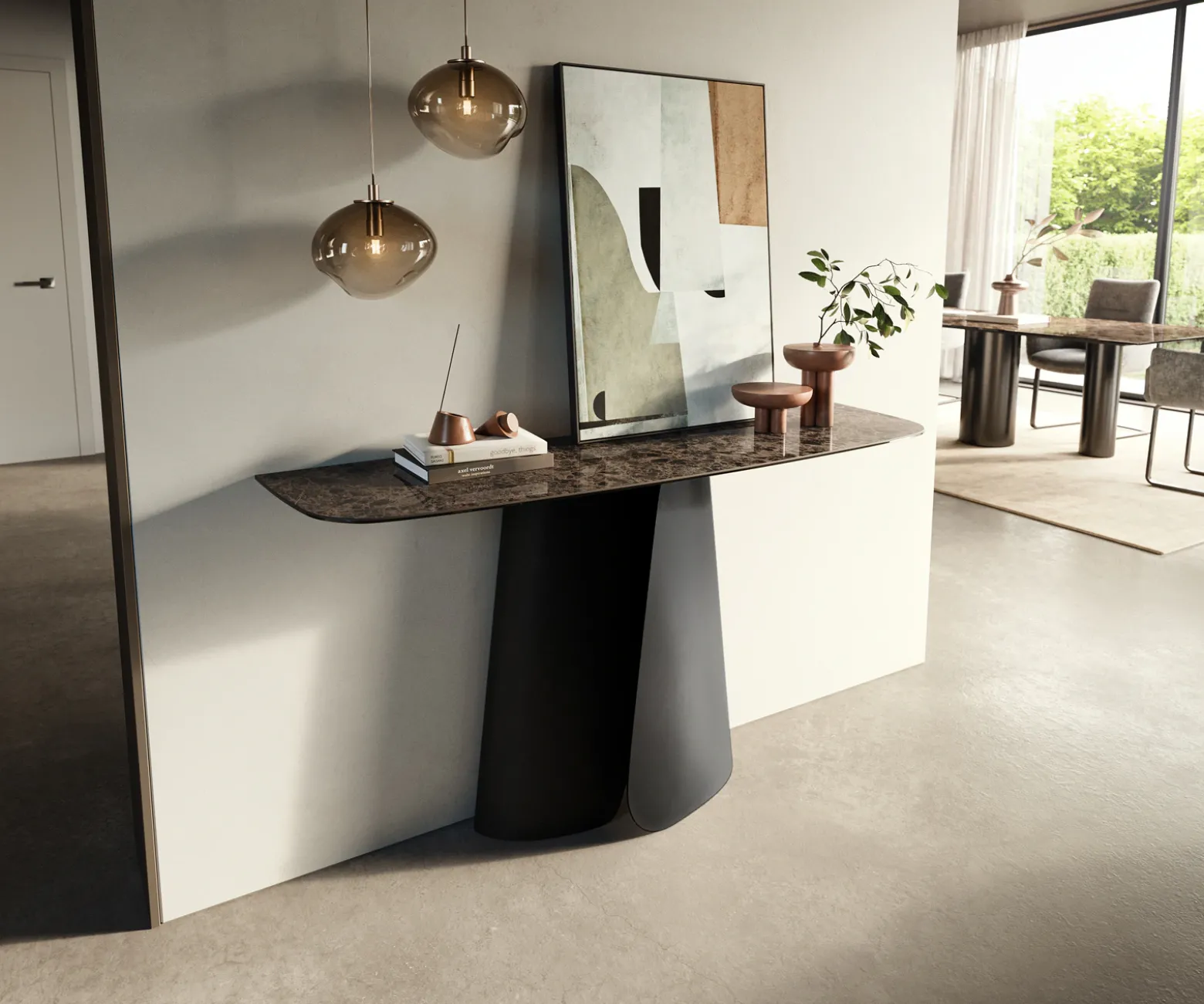 KonsolentischEdge Boot 140x40 cm Keramik Emperador Extra Lucidato Dunkelbraun Livos Metall Schwarz Sofort versandfertig