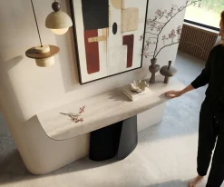 KonsolentischEdge Boot 140x40 cm Keramik Laminam® Travertino Bianco Creme-Weiß Livos Metall Schwarz Sofort versandfertig