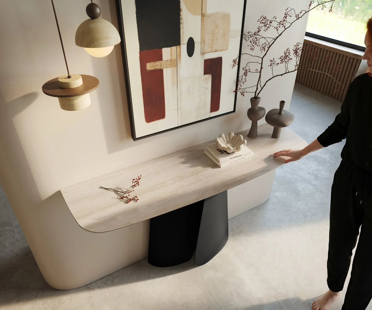 KonsolentischEdge Boot 140x40 cm Keramik Laminam® Travertino Bianco Creme-Weiß Livos Metall Schwarz Sofort versandfertig