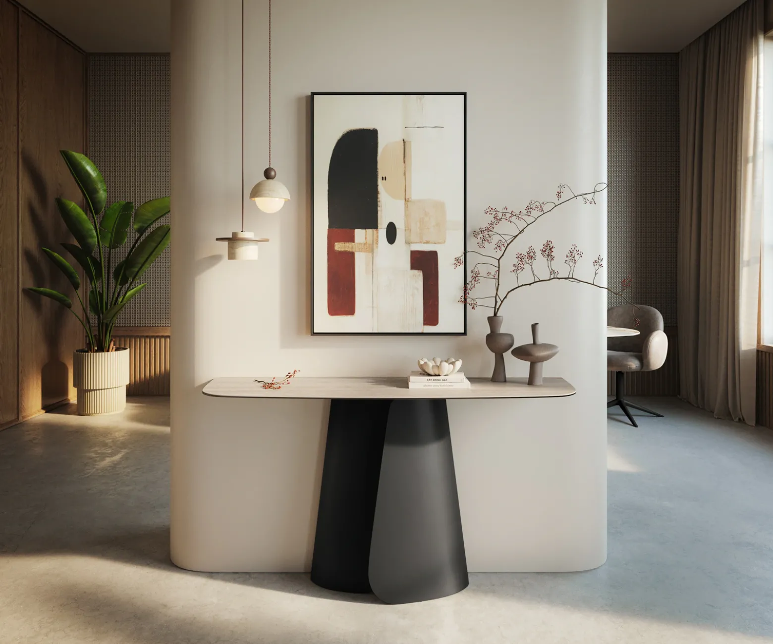 KonsolentischEdge Boot 140x40 cm Keramik Laminam® Travertino Bianco Creme-Weiß Livos Metall Schwarz Sofort versandfertig