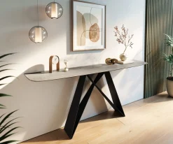 KonsolentischEdge Boot 180x40 cm Keramik Beton Grau Velio Metall Schwarz Sofort versandfertig