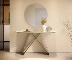 KonsolentischEdge Boot 140x40 cm Keramik Calacatta Luxe Weiß-Gold-Grau Velio Metall Effektfinish Titan Sofort versandfertig