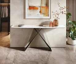 KonsolentischEdge Boot 180x40 cm Keramik Calacatta Luxe Weiß-Gold-Grau Velio Metall Effektfinish Titan Sofort versandfertig