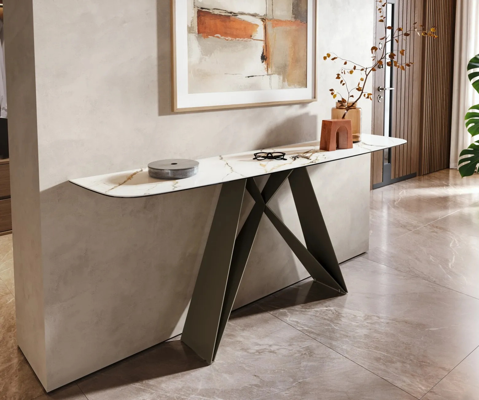 KonsolentischEdge Boot 180x40 cm Keramik Calacatta Luxe Weiß-Gold-Grau Velio Metall Effektfinish Titan Sofort versandfertig