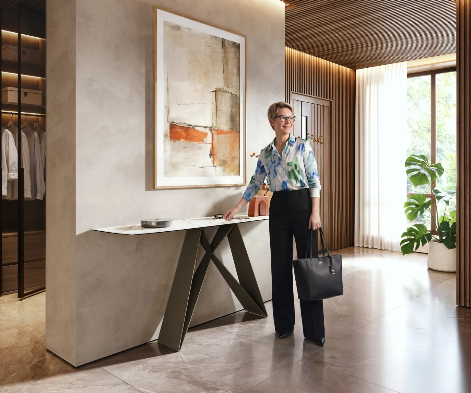 KonsolentischEdge Boot 180x40 cm Keramik Calacatta Luxe Weiß-Gold-Grau Velio Metall Effektfinish Titan Sofort versandfertig