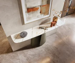 KonsolentischEdge Boot 180x40 cm Keramik Calacatta Luxe Weiß-Gold-Grau Livos Metall Effektfinish Titan Sofort versandfertig