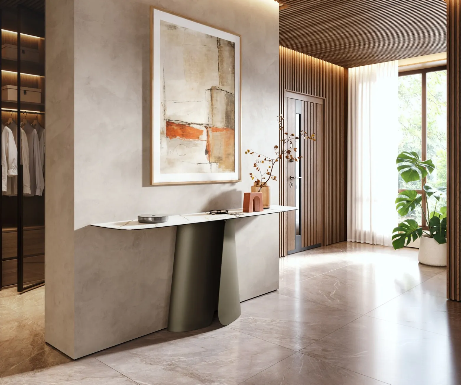KonsolentischEdge Boot 180x40 cm Keramik Calacatta Luxe Weiß-Gold-Grau Livos Metall Effektfinish Titan Sofort versandfertig