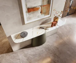 KonsolentischEdge Boot 180x40 cm Keramik Calacatta Luxe Weiß-Gold-Grau Conos Metall Effektfinish Titan Sofort versandfertig