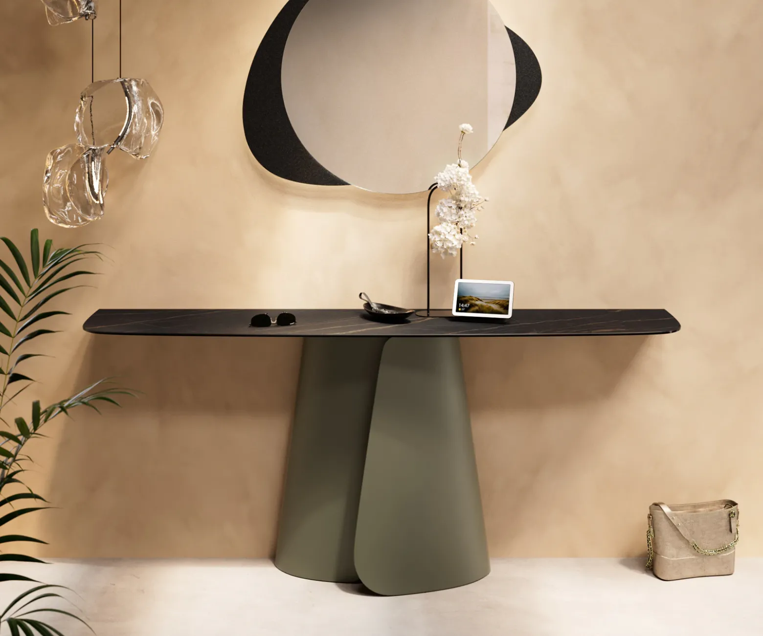 KonsolentischEdge Boot 180x40 cm Keramik Laminam® Noir Desir Braun Livos Metall Effektfinish Titan Sofort versandfertig