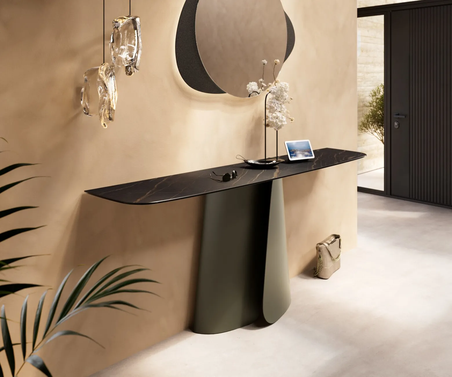 KonsolentischEdge Boot 180x40 cm Keramik Laminam® Noir Desir Braun Livos Metall Effektfinish Titan Sofort versandfertig