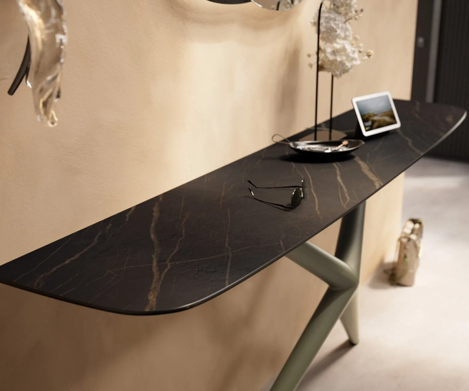 KonsolentischEdge Boot 180x40 cm Keramik Laminam® Noir Desir Braun Estelo Metall Effektfinish Titan Sofort versandfertig