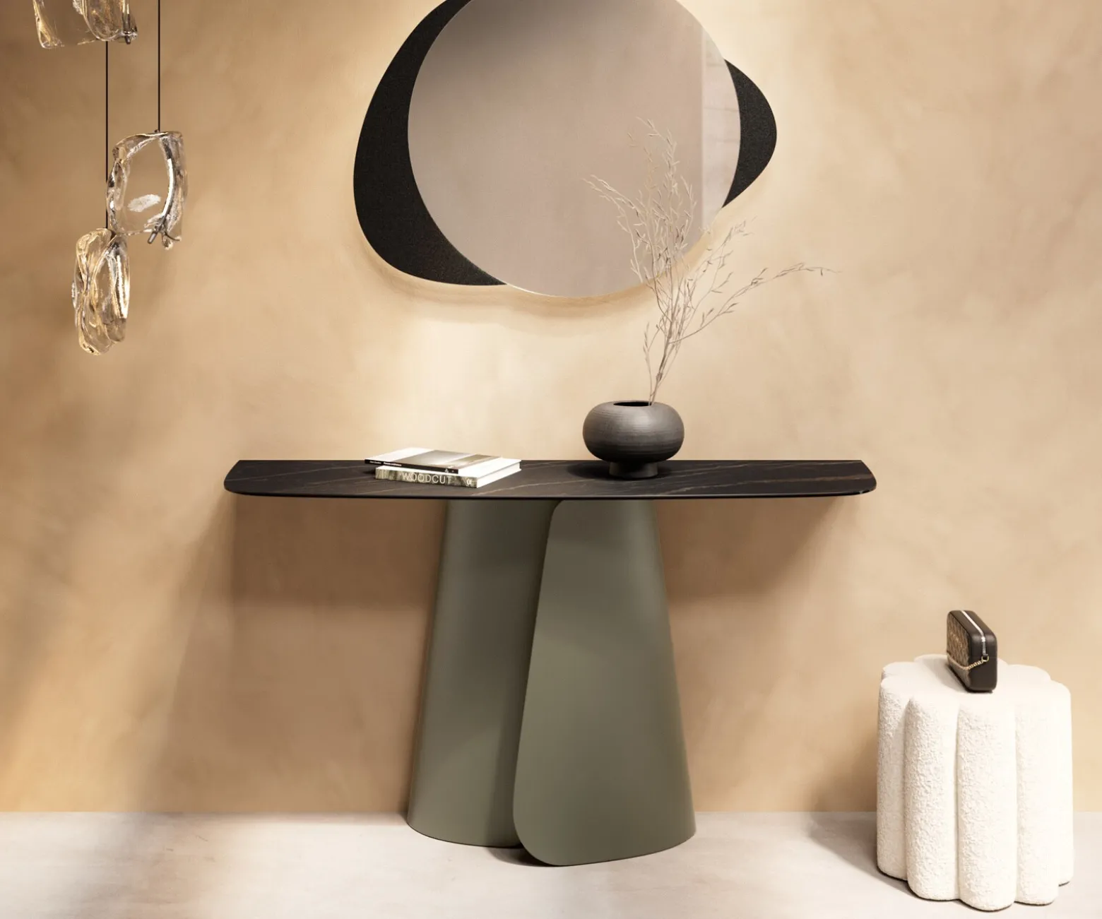KonsolentischEdge Boot 140x40 cm Keramik Laminam® Noir Desir Braun Livos Metall Effektfinish Titan Sofort versandfertig